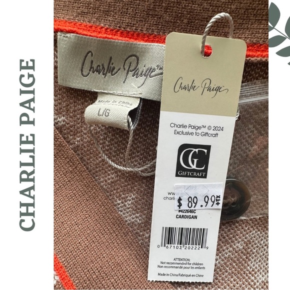 Charlie Paige Long Sleeve Button Up V-Neck Cardigan Brown Cream Orange Large - Picture 4 of 5